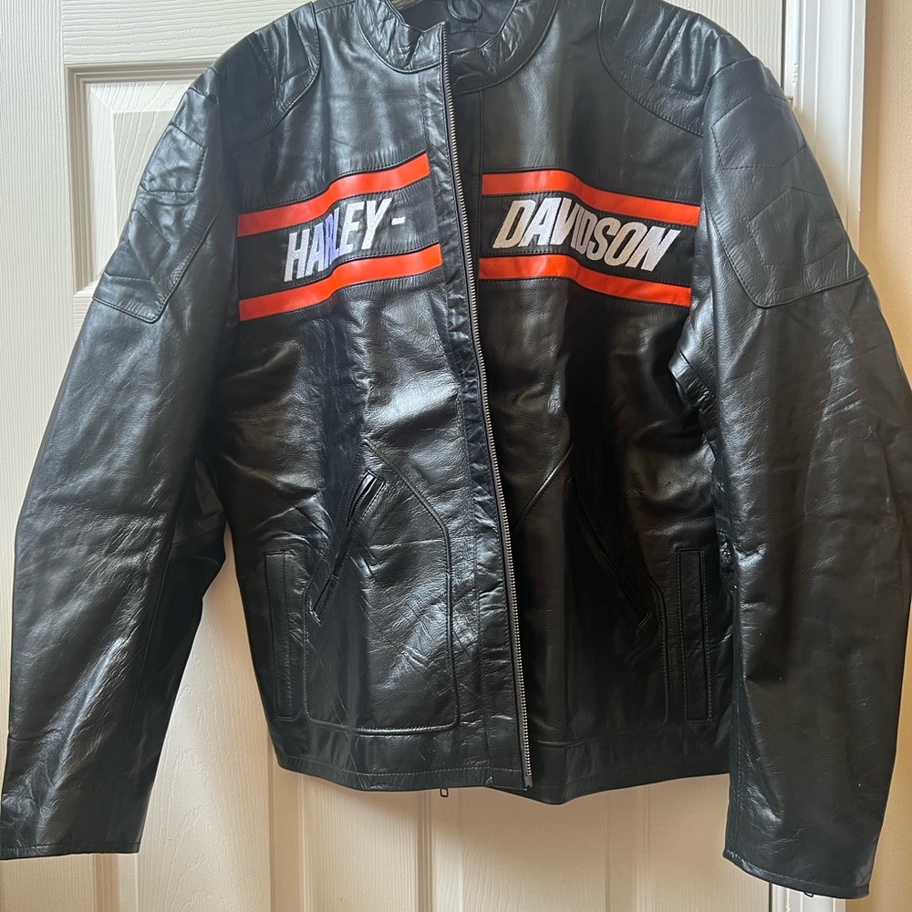 Harley-Davidson Black and Orange Genuine Leather Bomber Jacket - Picture 3 of 5
